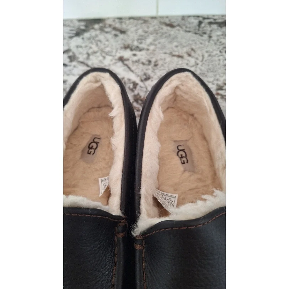 UGG Ascot Leather Casual Foam Footbed Wool Blend‎ Slippers 7EEE Brown Slip On